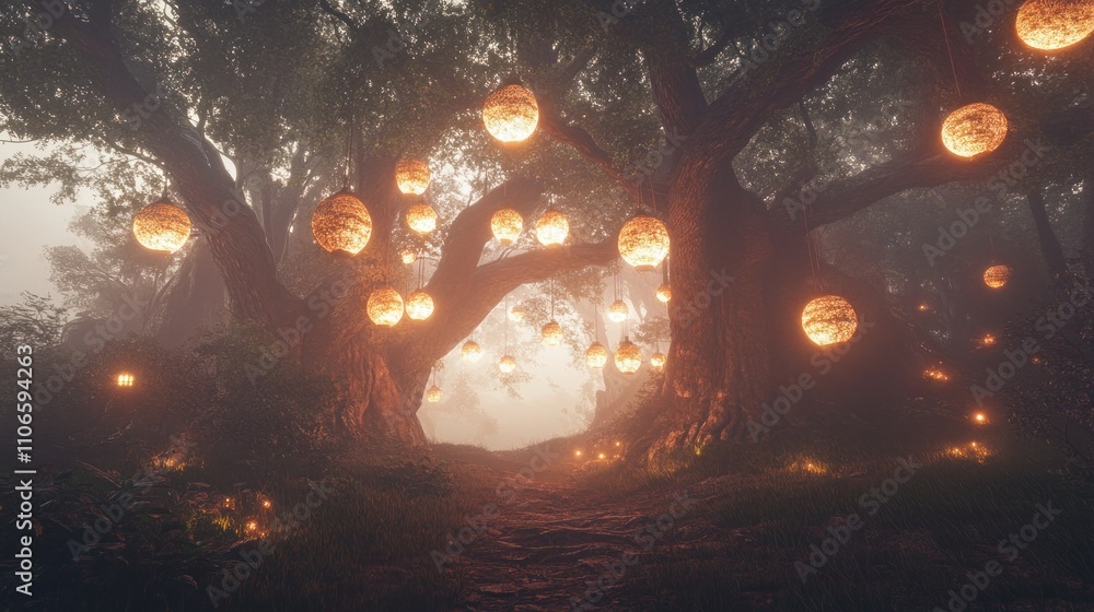 Aufkleber a mystical forest pathway illuminated by glowing lanterns, creating an enchanting atmosphere.