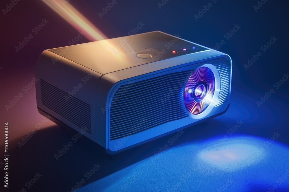 Poster modern home projector with colorful light effect in dark atmosphere