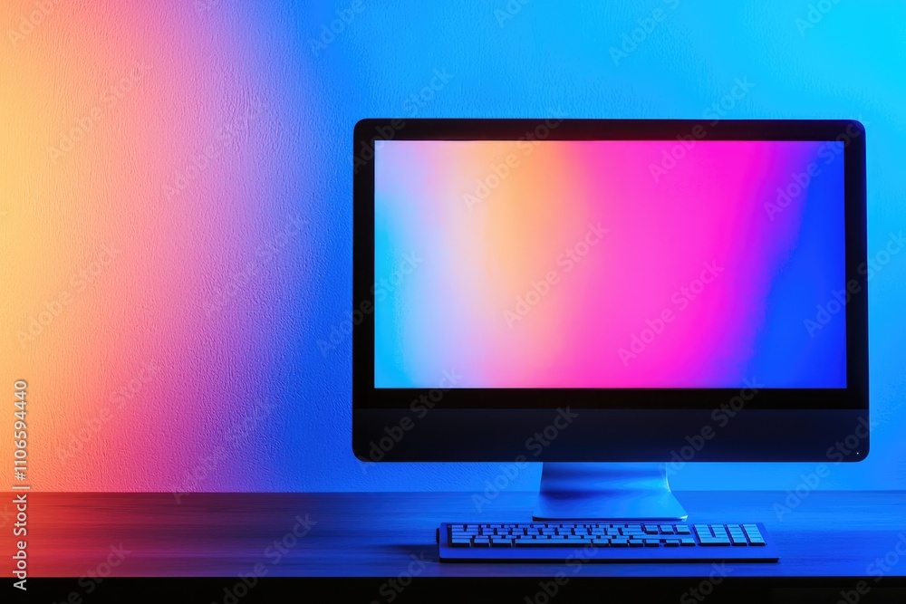 Poster vibrant computer monitor displaying colorful abstract background with soft lighting and modern works