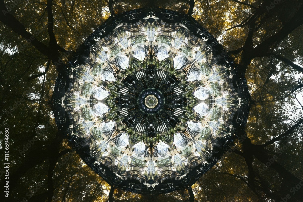 Aufkleber symmetrical kaleidoscope pattern created from tree canopy and sunlight filtering through leaves, evo