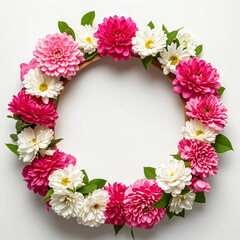 Obraz premium A pink and white floral wreath , centered around a circular frame on a soft white background