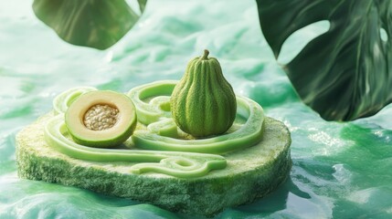 Naklejka premium A surreal arrangement of green fruits on a textured surface with tropical leaves.