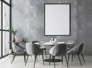 Modern dining room interior with gray chairs and a round table A large framed mockup hangs on the wall The room features a window and a concrete wall