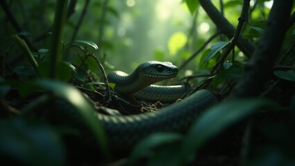 A serene yet mysterious scene of a snake in the wild, camouflaged within the natural greenery of the forest, emphasizing its stealth and connection with the environment.