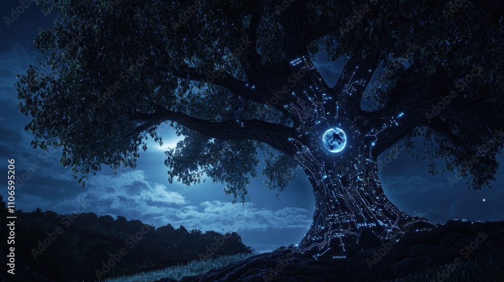 Aufkleber a luminous tree with digital patterns under a moonlit sky, symbolizing nature and technology.
