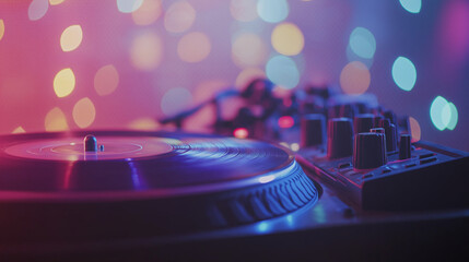 Colorful turntable setup with vinyl record spinning in a vibrant nightclub atmosphere.