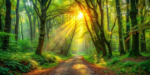 Obraz premium Golden Light Illuminating a Path Through a Dense Forest of Lush Green Trees