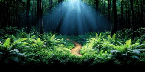 Obraz premium Majestic Forest Pathway Dappled in Sunlight Among Lush Greenery in Tranquil Woodland with Ferns and Trees Creating Serene Nature Escape for Peaceful Retreat