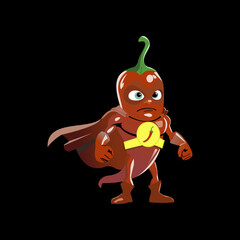 Vector graphic of cartoon chili superhero character illustration, cute vector red jalapeno vegetable in superhero cape and mask showing strength and muscles. Fairy tale characters, isolated chili 