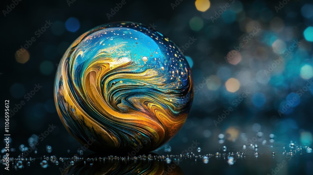 Poster a colorful marble with swirling patterns and sparkling details on a reflective surface.