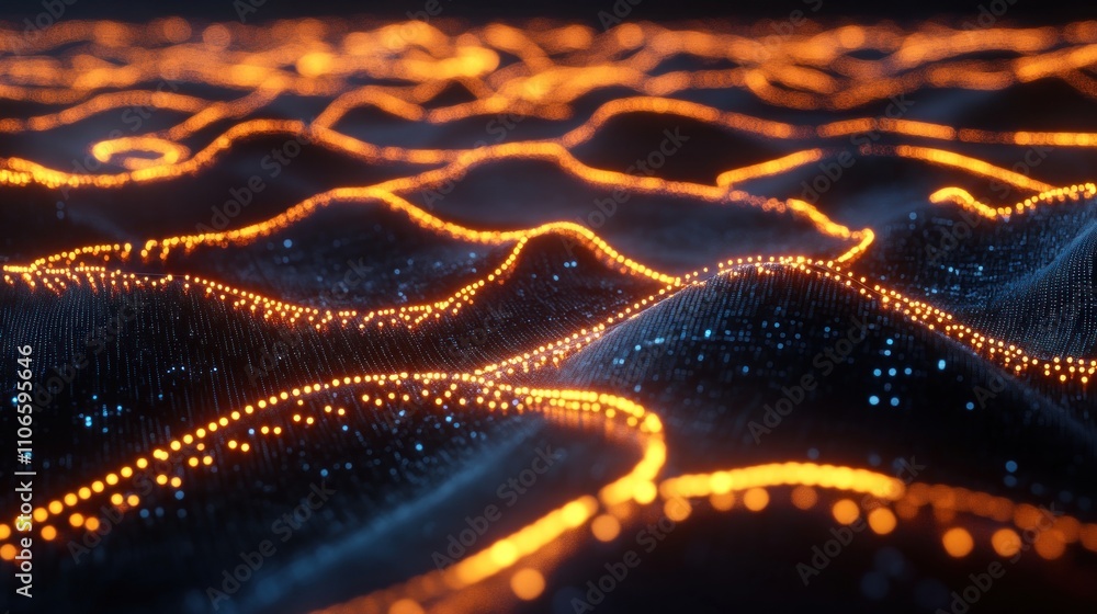 Poster a digital landscape depicting illuminated waves and flowing patterns in vibrant colors.