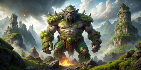 Fototapeta premium A colossal, moss-covered giant stands amidst a misty mountain landscape, his imposing presence dwarfing the towering rocky spires that pierce the cloudy sky.