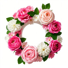  A pink and white floral wreath , centered around a circular frame on a soft white background