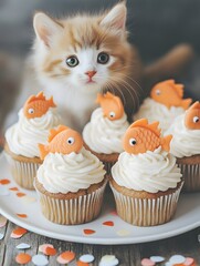 Adorable kitten looking innocently at cupcakes topped with orange fish decorations. Cat's birthday concept