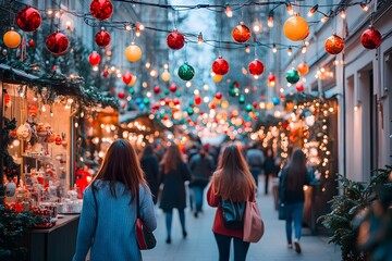 Lively busy Christmas market in winter with colorful hanging ornaments and festive lights. Christmas shopping concept