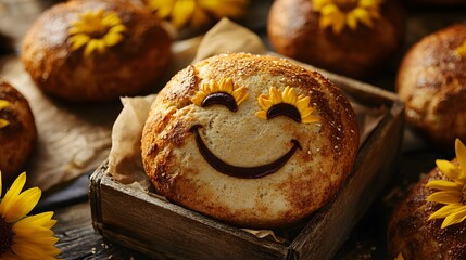 Smiling bread rolls with chocolate eyes and sunflower petal decoration