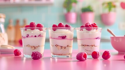 Yogurt parfaits with fresh raspberries and granola in a pink kitchen