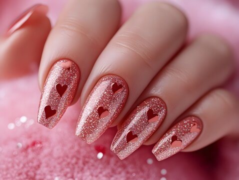 Glittery pink nails with hearts on a soft pink background. Valentines day manicure promo for nail salon