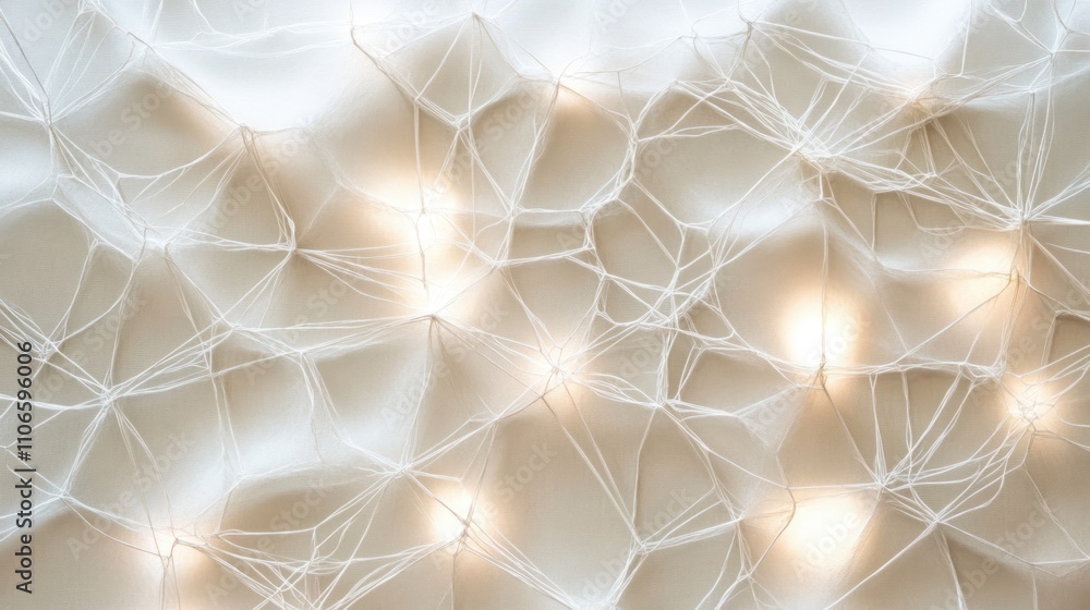 Poster a textured backdrop of white threads with soft glowing lights, creating a cozy atmosphere.