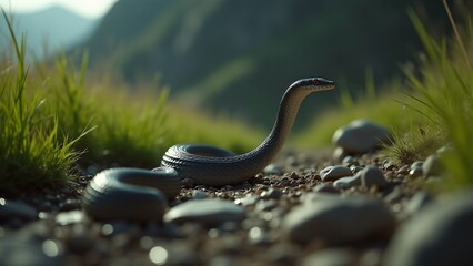 A dynamic image of a snake in motion, demonstrating its agility and grace as it moves across the wild terrain, emphasizing its fluid movement and sleek body.
