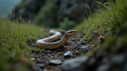Fototapeta premium A dynamic image of a snake in motion, demonstrating its agility and grace as it moves across the wild terrain, emphasizing its fluid movement and sleek body.