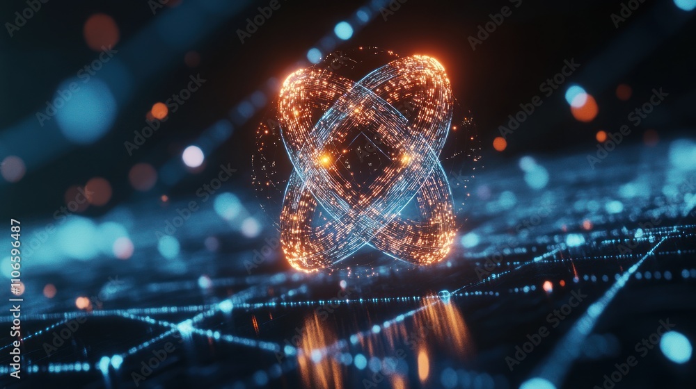 Poster a glowing, abstract representation of interconnected particles in a digital space.