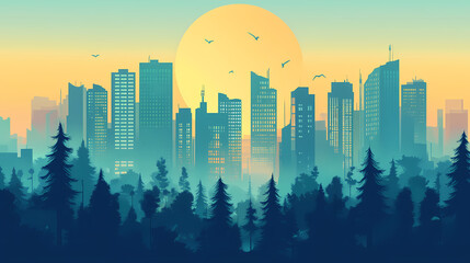 Fototapeta premium Solarpunk beautiful cityscape and forest, generative ai. Solarpunk. Illustration