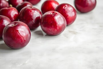 A cluster of vibrant red plums scattered across a marble surface
