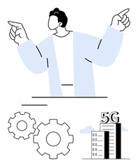 Business figure pointing fingers, two interconnected gears, and a 5G-enabled building scene. Ideal for technology, business strategy, innovation, telecommunications, networking, industrial design