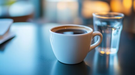 Fototapeta premium A cup of black coffee served in a minimalist white mug, Minimalist cafe setting, Cup centered