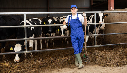 Hardworking young guy farmer in overalls with rake while working on dairy livestock farm