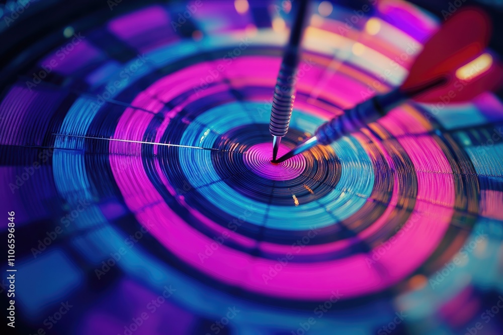 Poster a dart hitting the bull s-eye of a target surrounded by concentric circles. the image uses vibrant c