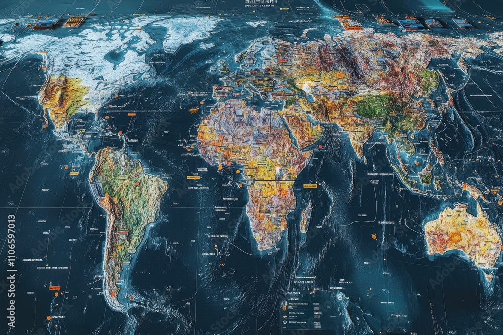 Poster a global satellite map showing various transport routes with location markers, temperature, and traf