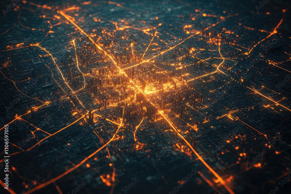 Poster a detailed satellite map showing a city s transportation network, with highlighted routes, temperatu