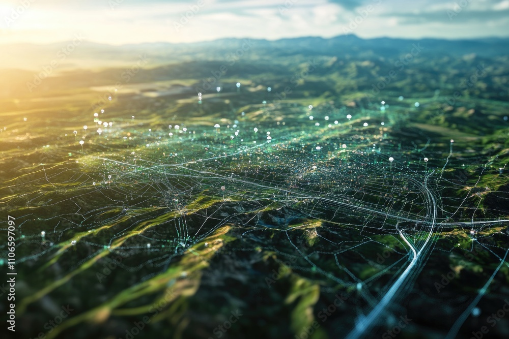 Poster a satellite view of a vast landscape with a focus on a road network, showing traffic and weather pat
