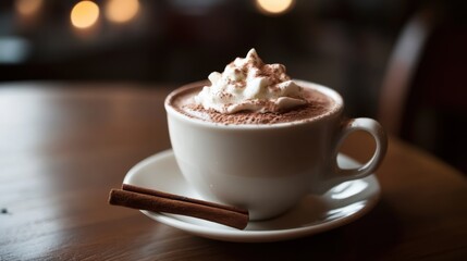 A cup of rich hot chocolate topped with a dollop of whipped cream, Minimalist cafe setting, Cup centered