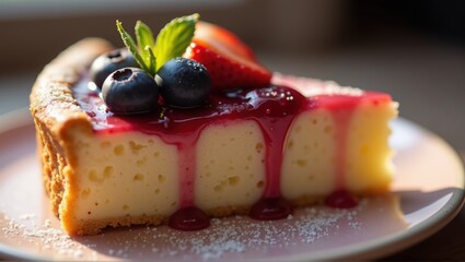 A slice of cheesecake with berries and sauce on a plate, detailed and appetizing. Generative, AI.
