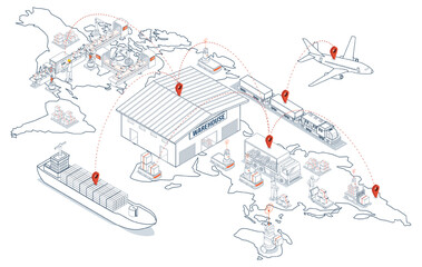 Global logistics network coordinates transportation, supply chain management (SCM), and operations across companies worldwide to deliver efficient logistics services. Vector illustration EPS 10