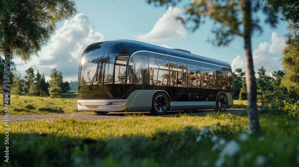 Poster A modern electric bus is parked along a path surrounded by lush greenery and trees. The vehicle features sleek lines and large windows, matching the tranquil atmosphere of a sunny day.