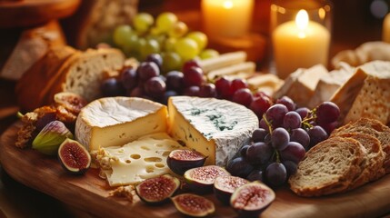 A decadent cheese platter featuring an assortment of artisanal cheeses such as brie, gouda, and blue cheese