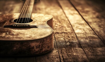 High-resolution close-up of a classic acoustic guitar’s body and strings on a polished wood table