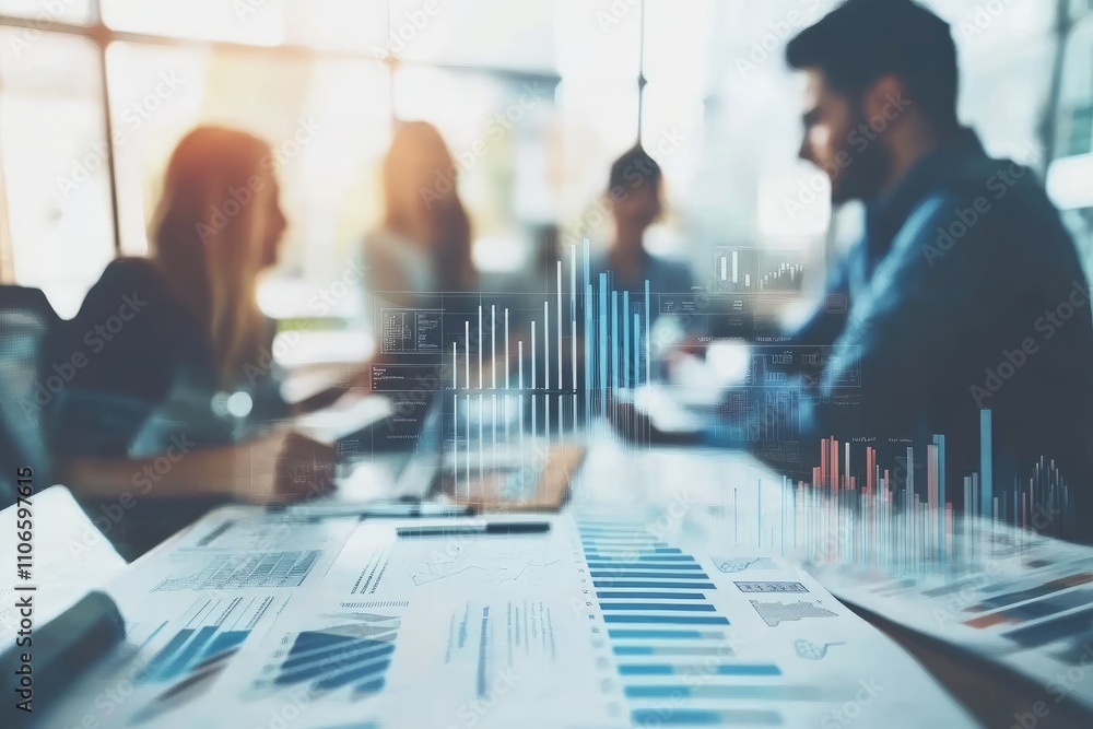 Poster a group of people brainstorming behavioral strategies in a modern office, with charts and diagrams d
