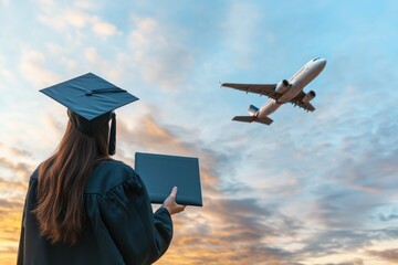 A graduate student holding a diploma and looking at an airplane in the sky, symbolizing new opportunities for international studies through scholarships.