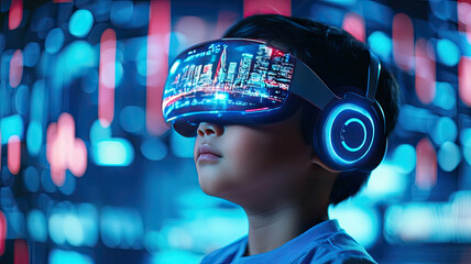 child immersed in futuristic virtual reality experience