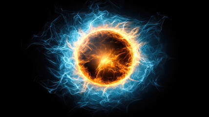 Fiery orb with blue flames against dark background