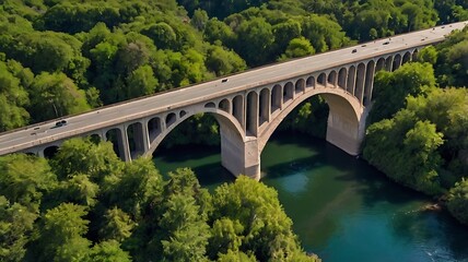 Fototapeta premium Aerial view of a bridge over a serene river surrounded by greenery.