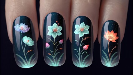 Futuristic nail wrap displaying animated visuals shifting images of flowers that bloom and shimmer as the wearer gestures.