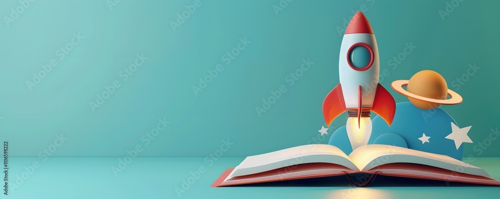 Poster rocket launching from an open book into space