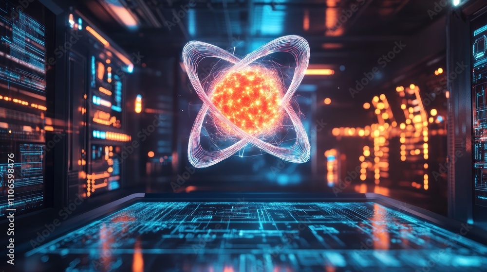 Poster a futuristic depiction of an atom surrounded by digital elements in a tech environment.
