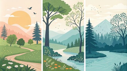 A series of calming illustrations depicting nature designed to assist users in connecting with their inner selves during mindfulness practices.